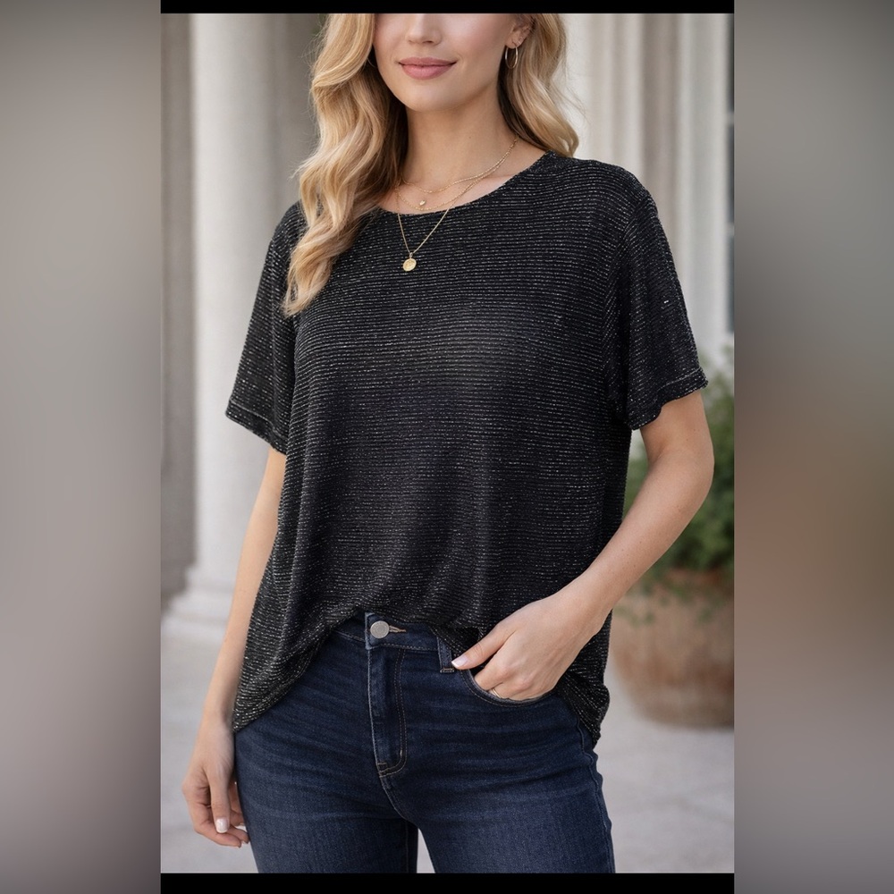 IMPRESSIONS Ladies Festive short sleeve Top in Rich Black w silver weave SZ L